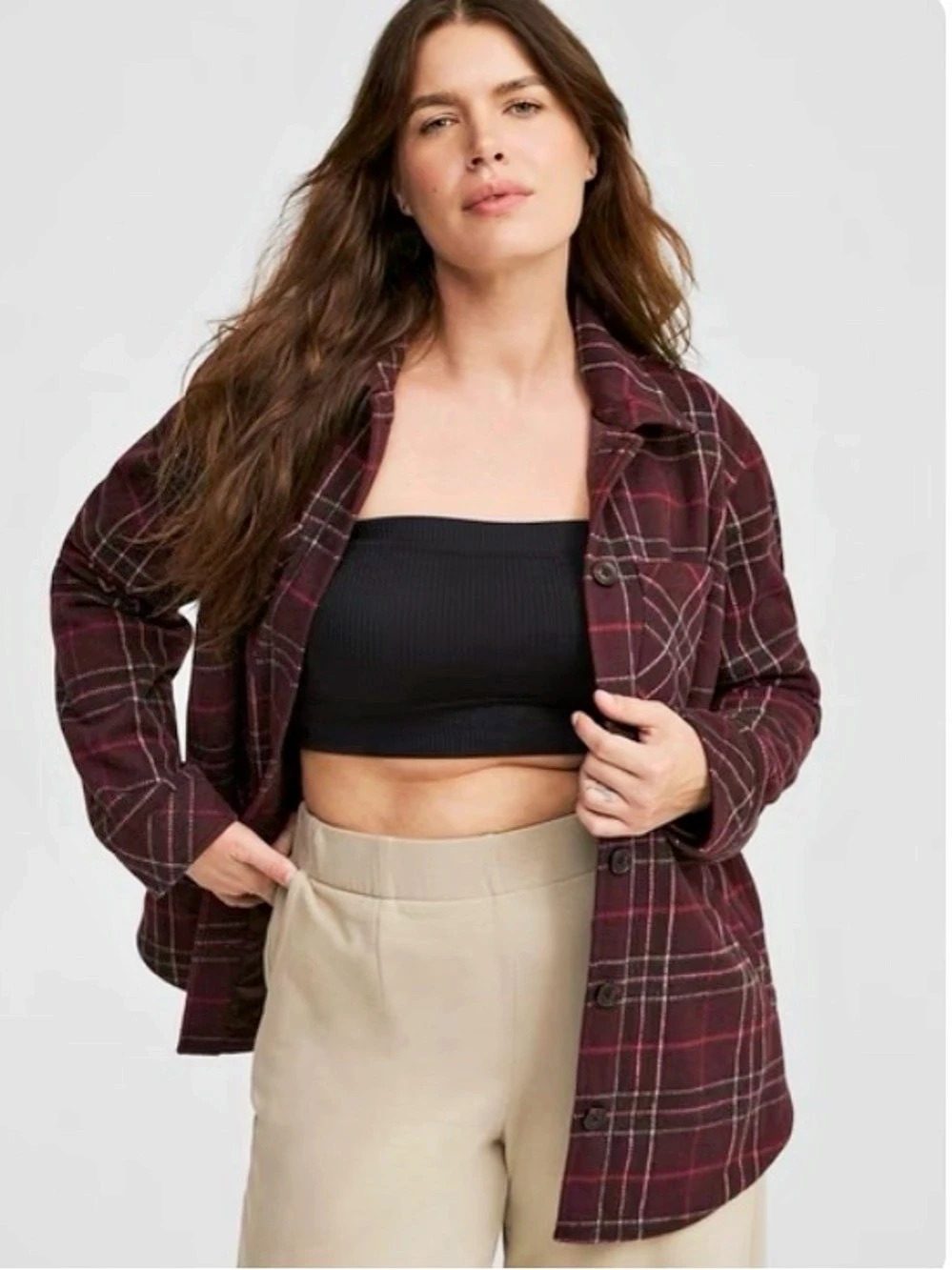 Torrid Cozy Double Knit Shacket Plaid Shacket in Burgundy Size 3X NWT